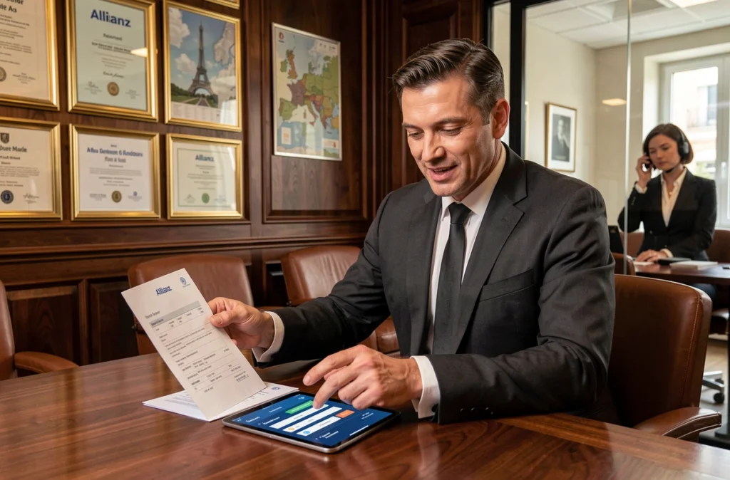 Conseiller Allianz Paris en assurance auto accueillant un client dans une agence multicanal au décor professionnel parisien