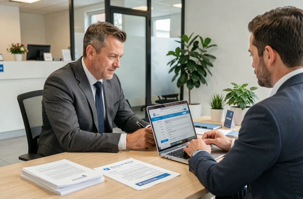 Consultant Am Finances discutant d'un dossier de financement professionnel avec un client à Marcq-en-Baroeul
