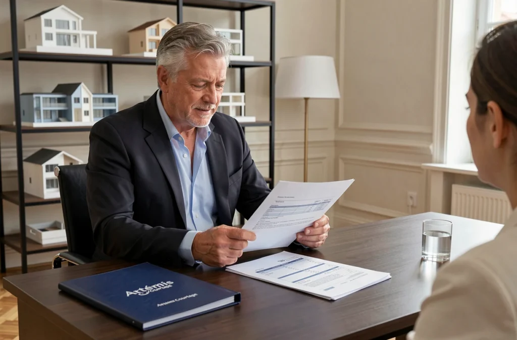 Conseiller Artémis Courtage Troyes examinant une offre de prêt immobilier avec un client