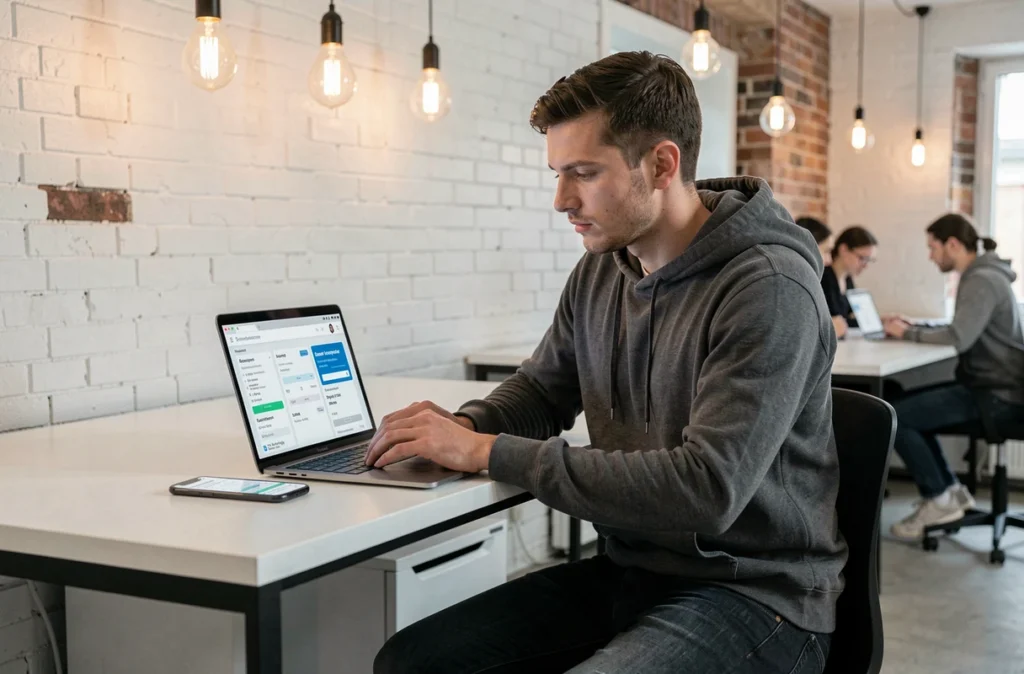 Jeune professionnel souscrivant une assurance auto en ligne sur un ordinateur portable dans un espace de coworking parisien