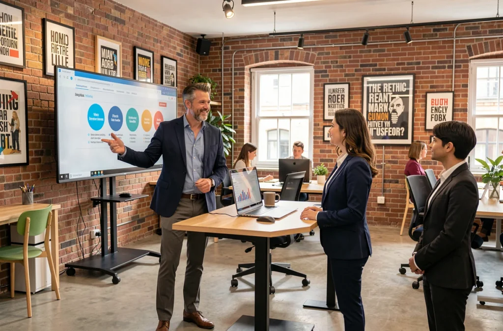 Conseiller Boost Plus présentant des options de financement d'entreprise à des clients dans un bureau moderne à Lille