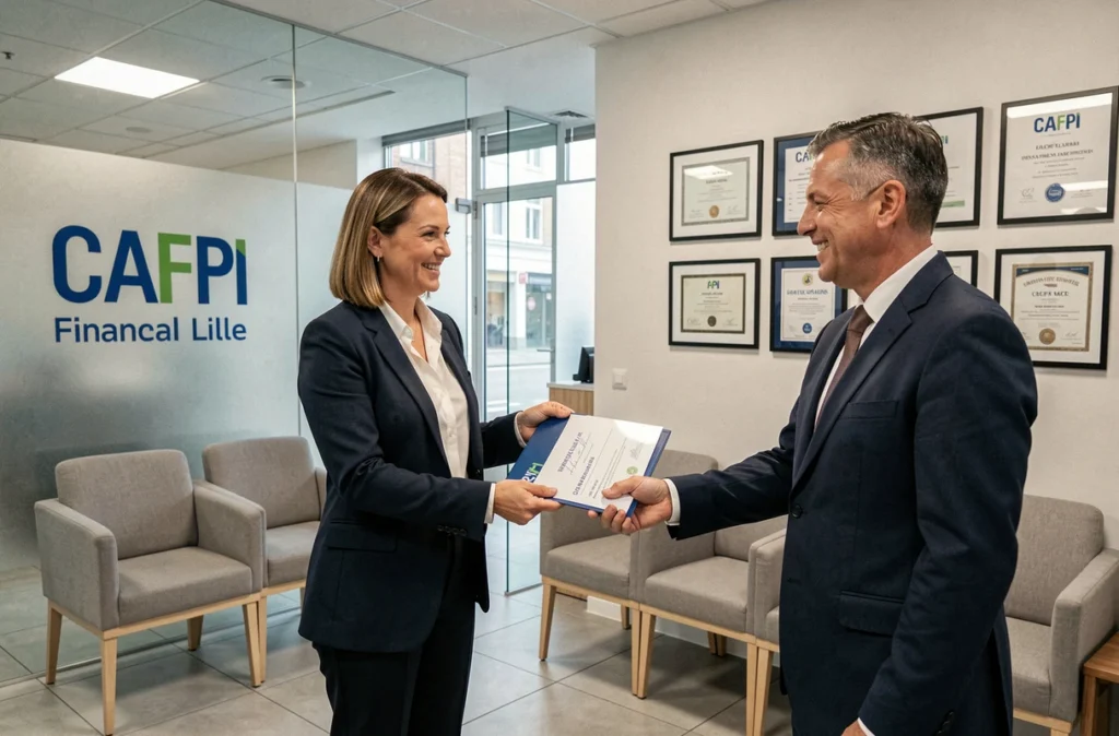 Courtière CAFPI remettant un accord de crédit professionnel signé à un client dans l'agence de Lille