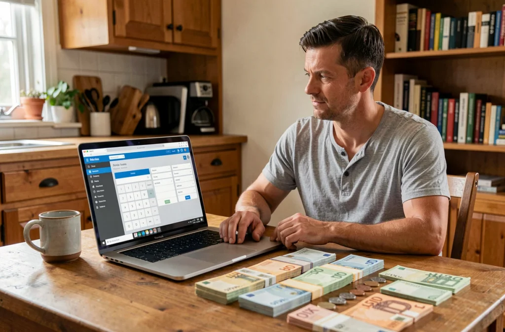 Homme utilisant une calculatrice en ligne pour distribuer des billets euros à domicile