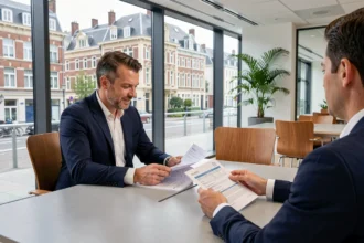 Conseiller en crédit professionnel discutant d'un dossier de financement avec un entrepreneur dans un bureau moderne du Nord