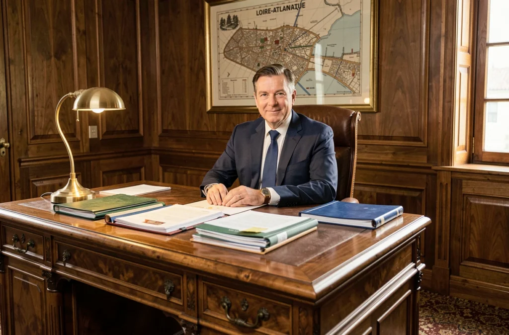 Conseiller Colbert Patrimoine Finance dans un bureau traditionnel avec dossiers financiers et carte historique de Loire-Atlantique