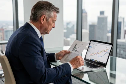 Conseiller financier analysant des documents d'investissement SCPI étrangère dans un bureau moderne avec vue sur la ville
