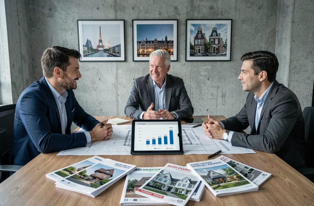 Équipe de conseillers financiers discutant d'une stratégie de diversification immobilière européenne en salle de réunion