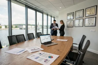 Bureau de conseil en gestion de patrimoine à Nantes avec table de réunion, documents financiers et vue sur la Loire