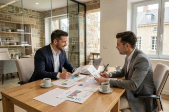 Courtier en crédit immobilier dans l'Aube conseillant un couple pour un projet immobilier à Troyes