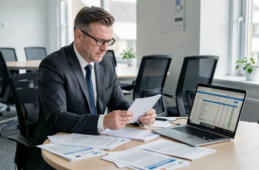 Conseiller Credifi examinant des dossiers de regroupement de crédits professionnels dans un bureau du Nord