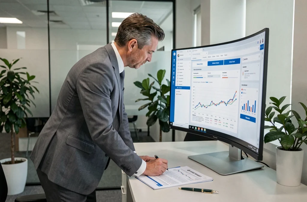 Conseiller DBI Patrimoine analysant un tableau de bord financier sur écran incurvé dans un bureau moderne