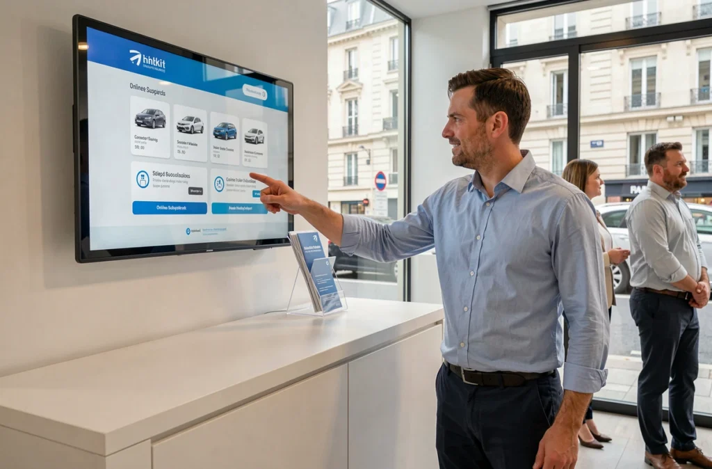 Conseiller en assurance auto en ligne présentant les options de souscription sur un écran tactile dans une agence parisienne