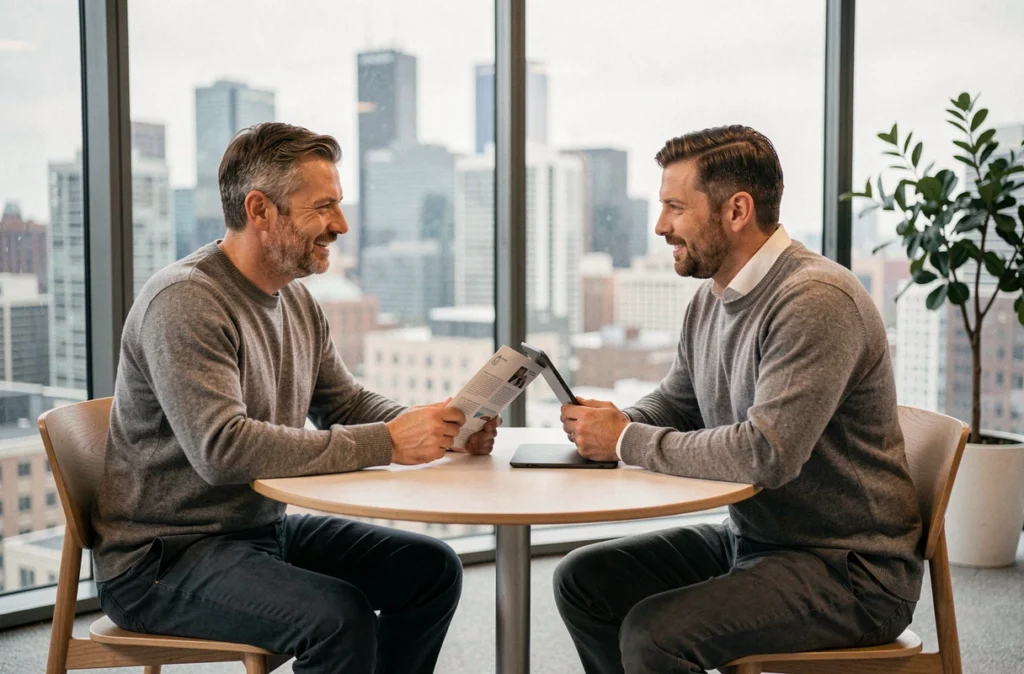 Entrepreneur discutant de son contrat d'assurance Qlara avec un conseiller professionnel