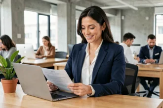 Entrepreneuse examinant des documents d'assurance Qlara dans un espace de coworking moderne