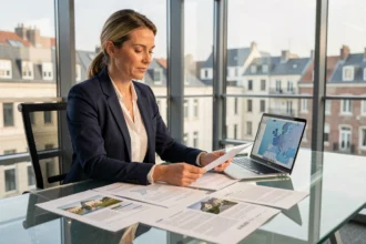 Femme cadre analysant un portefeuille immobilier européen diversifié dans un bureau moderne avec vue sur la ville
