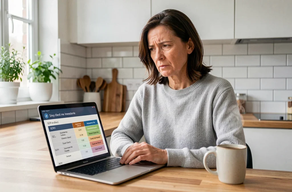 Femme comparant SCPI en direct et assurance vie sur son ordinateur portable dans une cuisine moderne