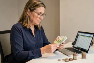 Comptable femme comptant des billets en euros à son bureau pour gérer la caisse d'entreprise