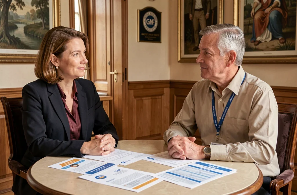 Conseillère GMF expliquant une offre d'assurance auto mutualiste à un fonctionnaire dans une agence parisienne chaleureuse