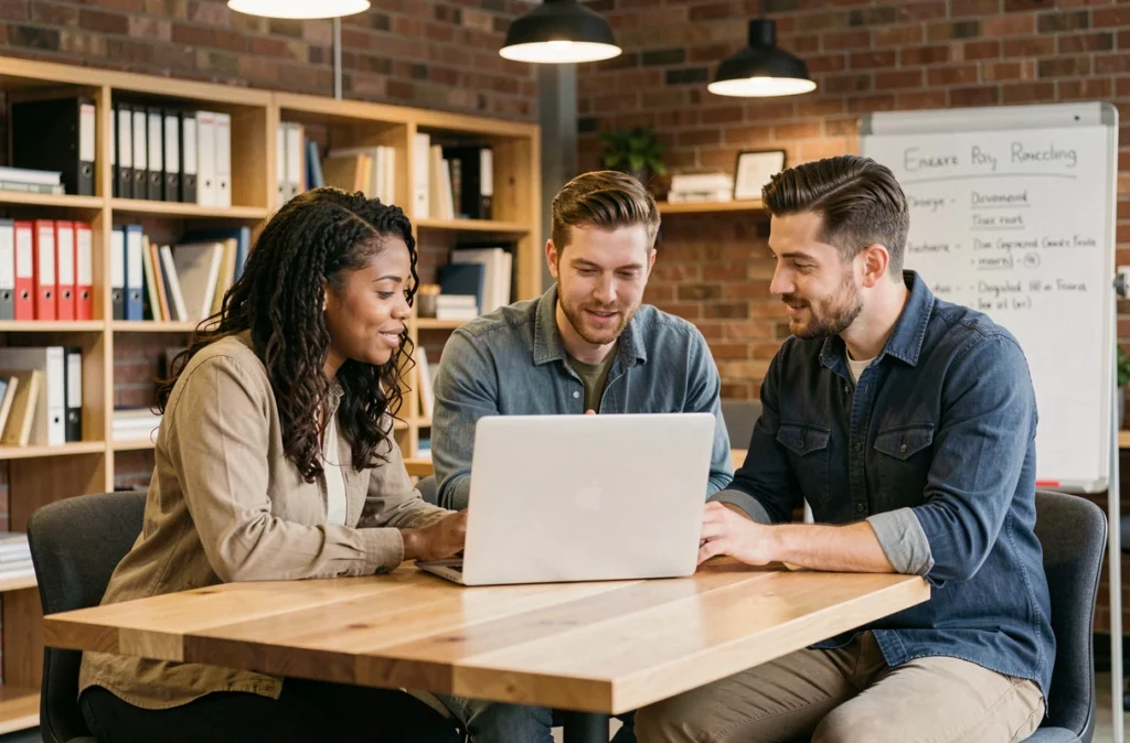 Groupe d'entrepreneurs consultant les offres d'assurance Qlara ensemble dans un bureau startup