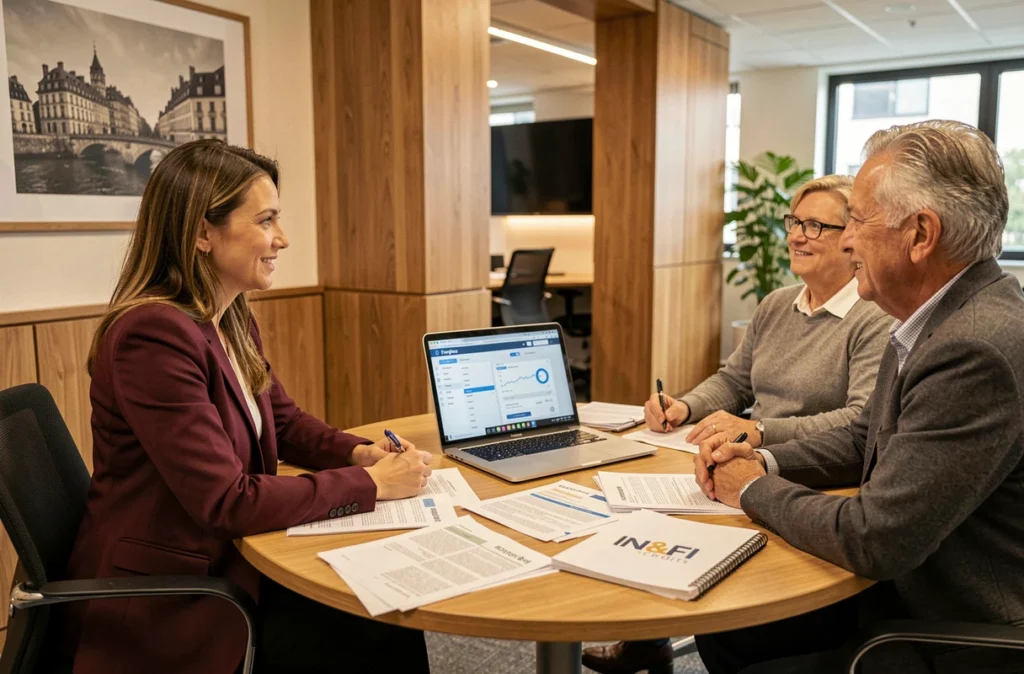 Courtière IN&FI Crédits Troyes en consultation avec un couple sur leur projet de financement