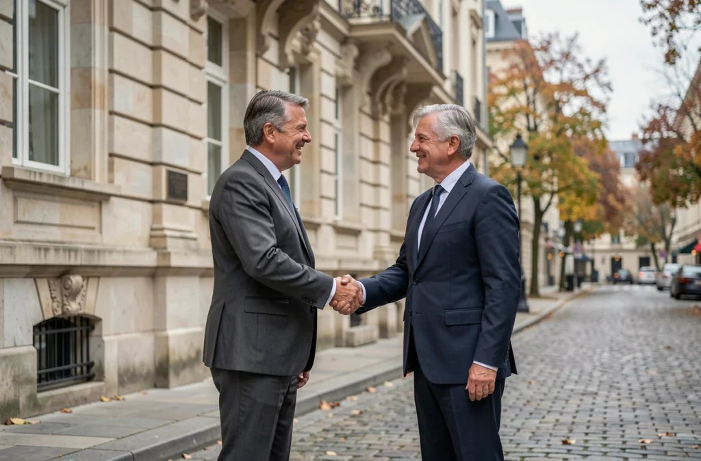 Deux professionnels concluant un investissement immobilier SCPI à l'étranger devant un immeuble européen classique