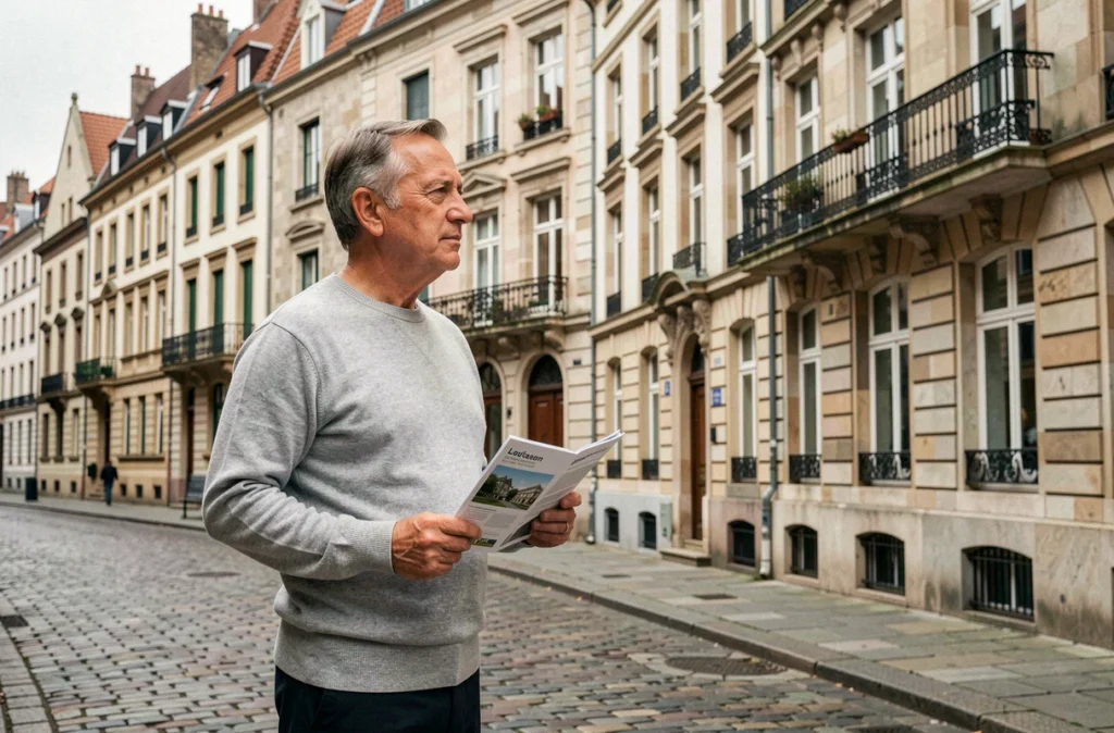 Investisseur immobilier observant des bâtiments européens patrimoniaux dans une rue pavée symbolisant la diversification géographique