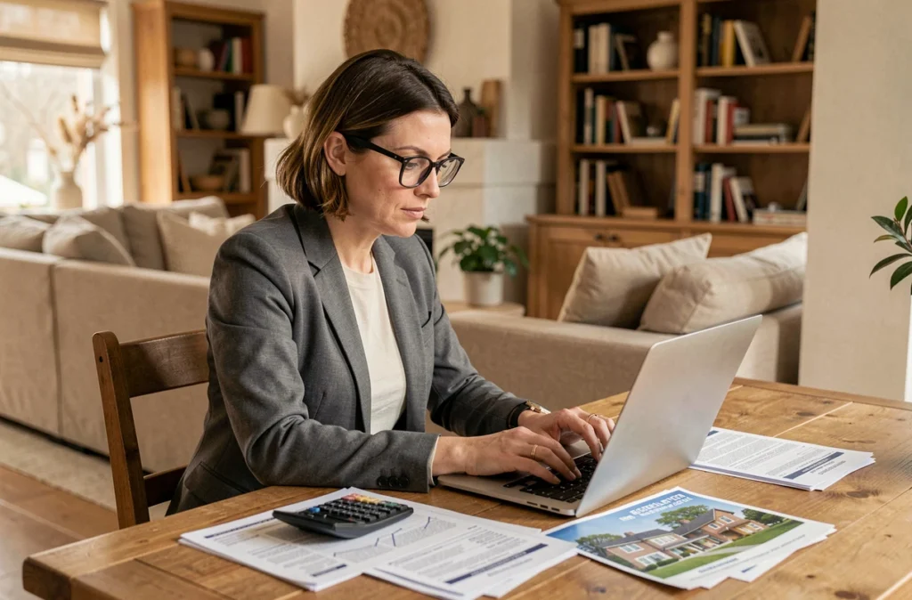 Femme investisseuse étudiant la fiscalité d'une SCPI étrangère avec des documents et un ordinateur portable à domicile