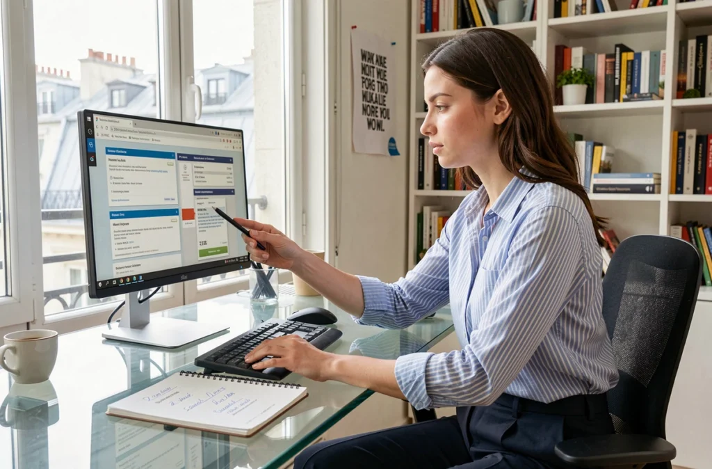 Jeune femme utilisant un courtier comparateur pour trouver une assurance auto moins chère depuis son bureau parisien