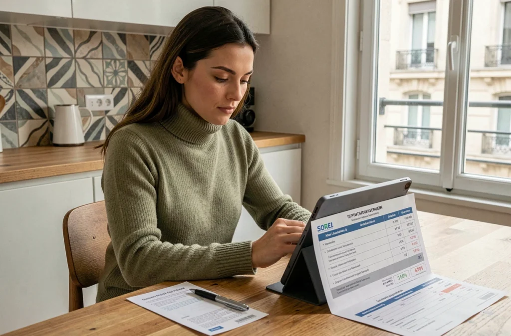 Femme comparant les tarifs d'assurance auto compétitifs en ligne sur une tablette dans un appartement parisien moderne