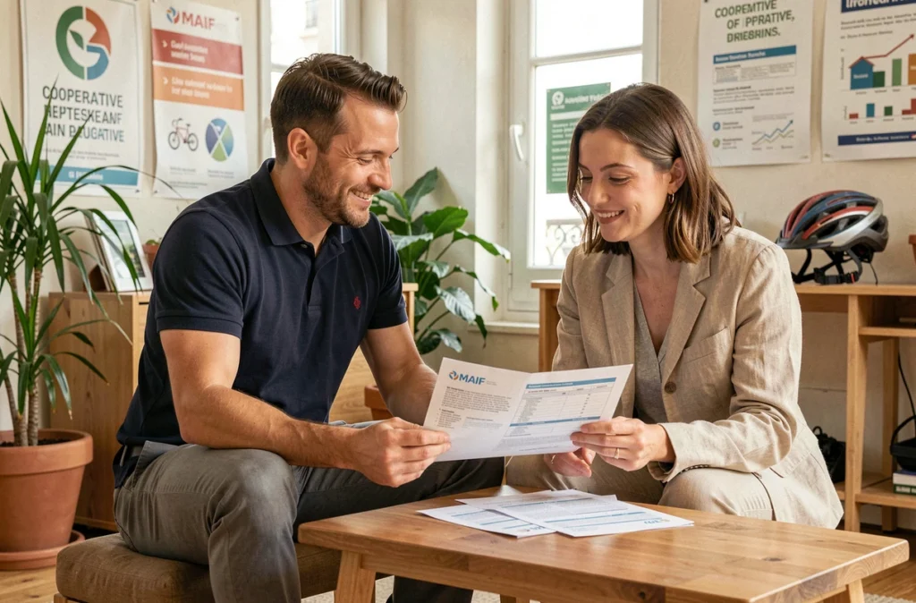 Conseiller MAIF accompagnant un sociétaire dans la lecture de son contrat d'assurance auto dans une agence parisienne coopérative