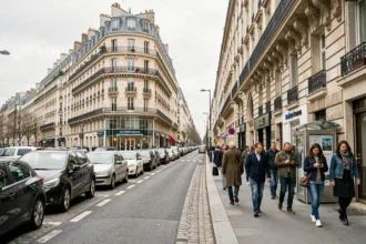 Vue large d'un boulevard parisien avec une agence de courtage en assurance auto en arrière-plan et des passants devant des voitures garées