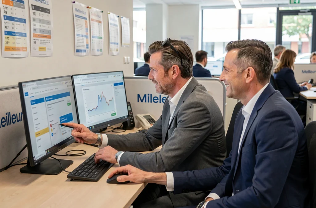Conseiller Meilleurtaux comparant des offres de crédit professionnel sur écran avec un entrepreneur dans l'agence de Lille