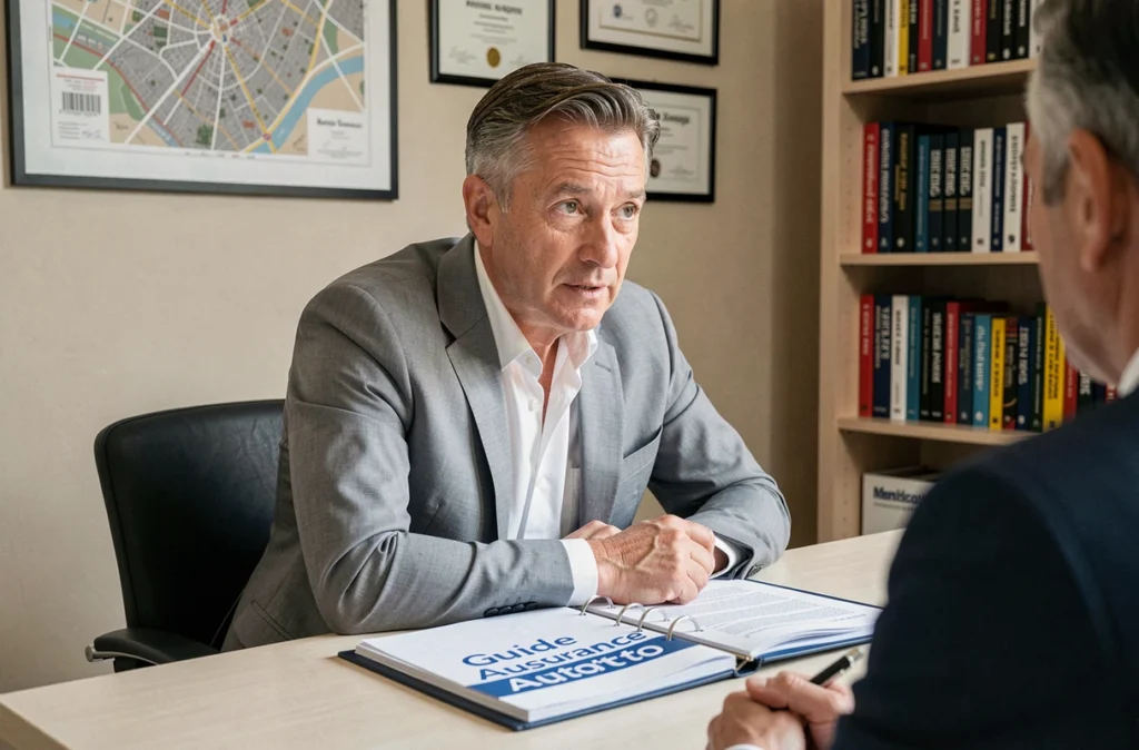 Conseiller expérimenté de Mon Assurance Guide donnant un conseil personnalisé sur l'assurance auto dans son bureau parisien