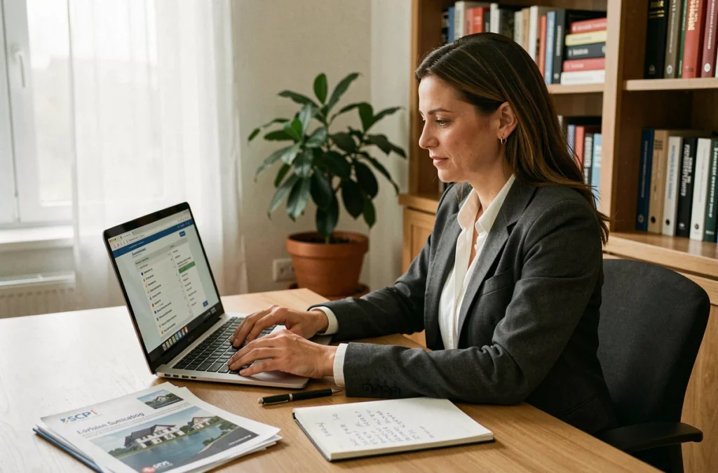Une femme analysant une simulation de prêt pour investir dans des SCPI depuis son bureau à domicile