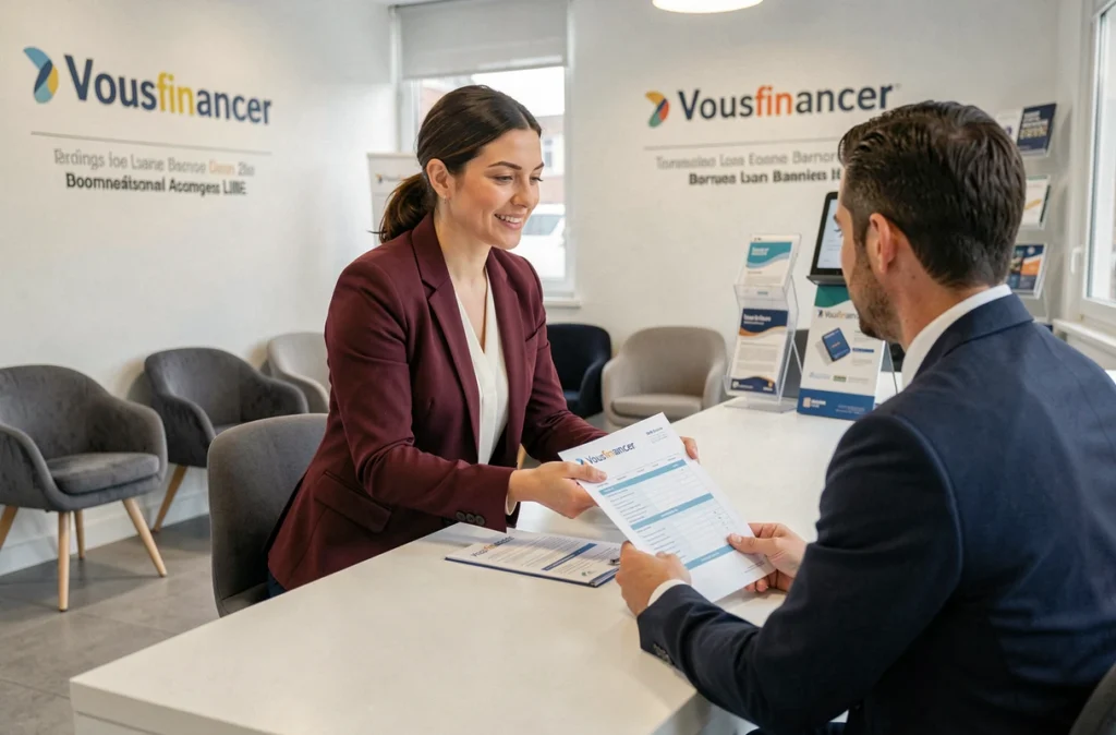 Courtière Vousfinancer expliquant un prêt professionnel à un entrepreneur dans l'agence de Lille