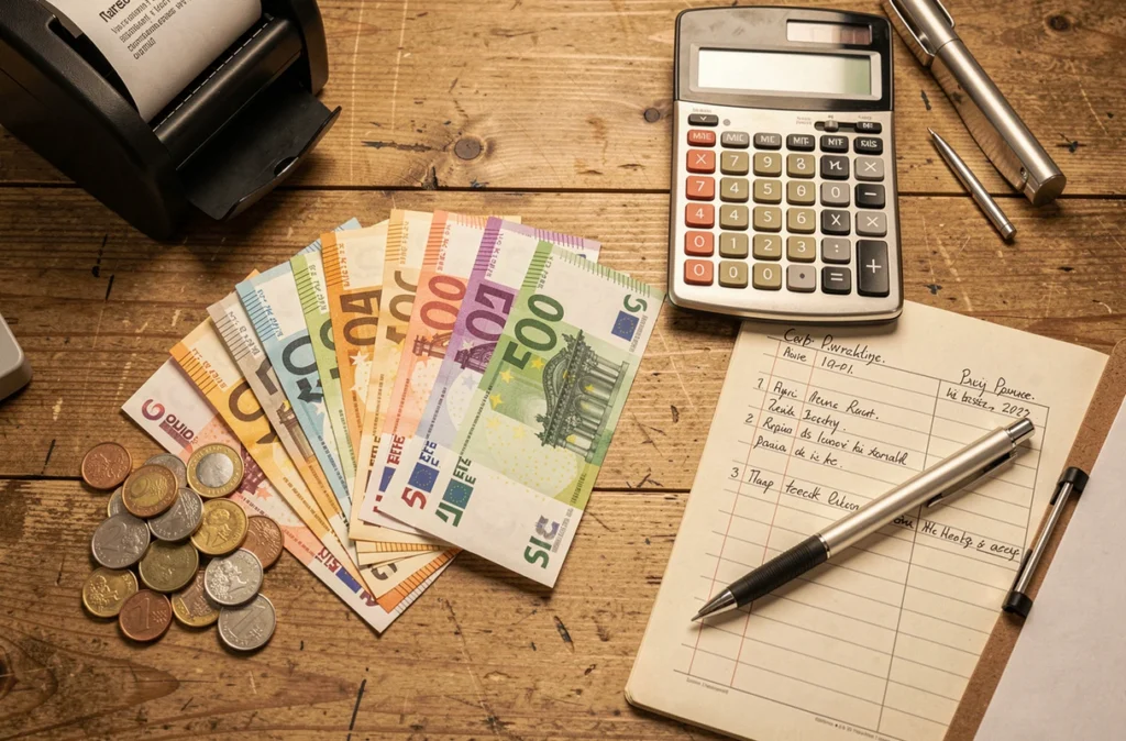 Vue aérienne de billets et pièces en euros organisés avec une calculatrice pour gestion de caisse