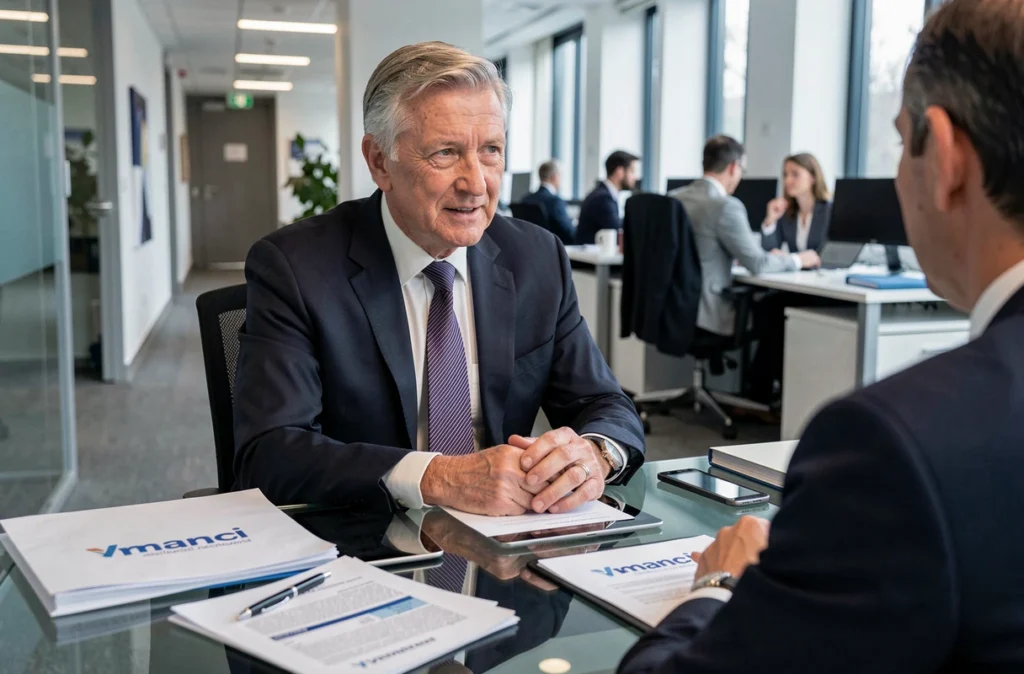 Courtier Ymanci en consultation avec un entrepreneur pour un crédit professionnel dans un bureau du Nord