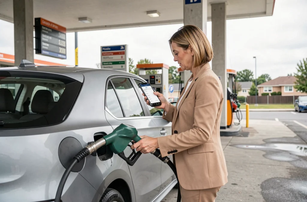 Femme à la pompe à essence consultant son téléphone pour la prime carburant et son impact fiscal en 2026